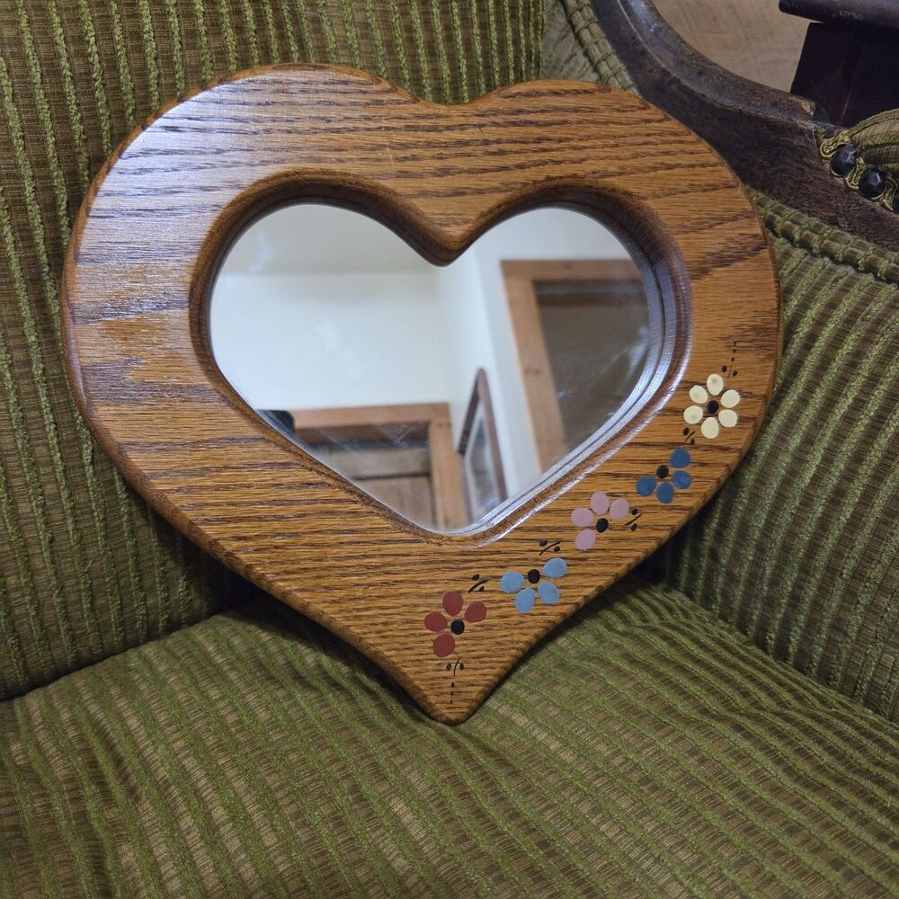 Vintage Oak Heart Shaped Wall Mirror Hand Painted Floral Folk Art Cottagecore
